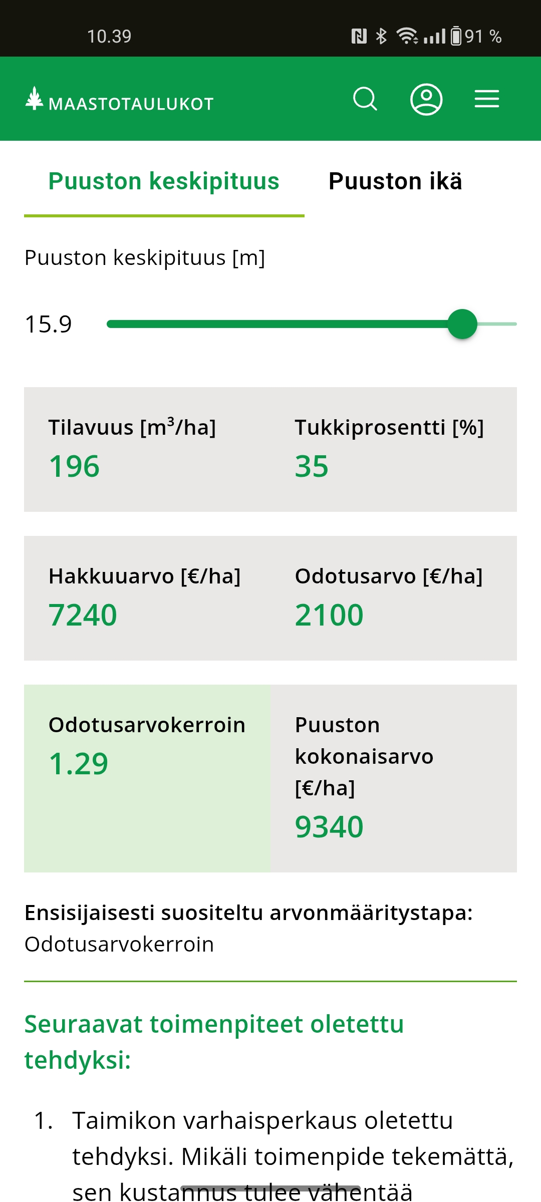 Puuston keskipituus -kuvakaappaus sovelluksesta