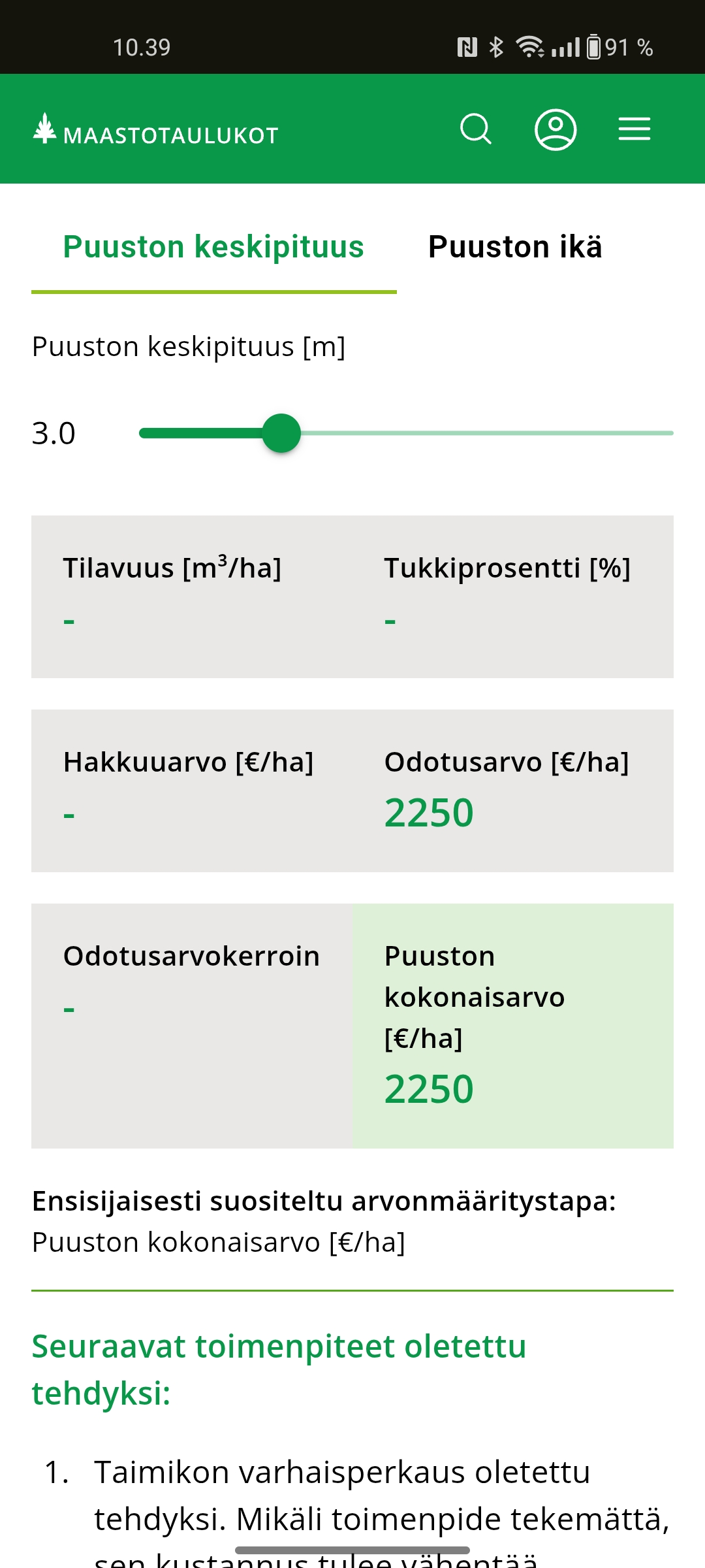 Puuston keskipituus -kuvakaappaus sovelluksesta