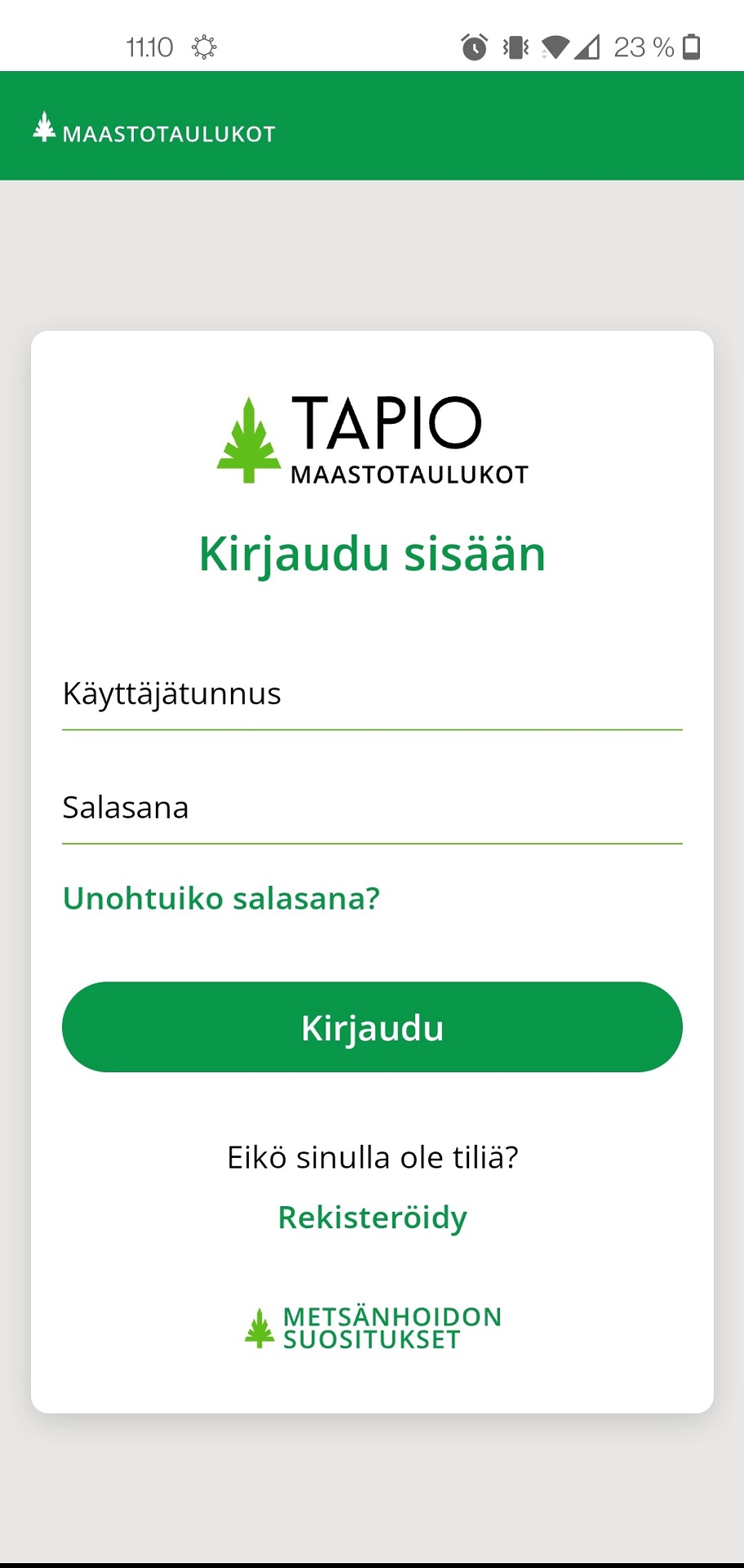 Kuvakaappaus Maastotaulukot-sovelluksen kirjautumisnäkymästä