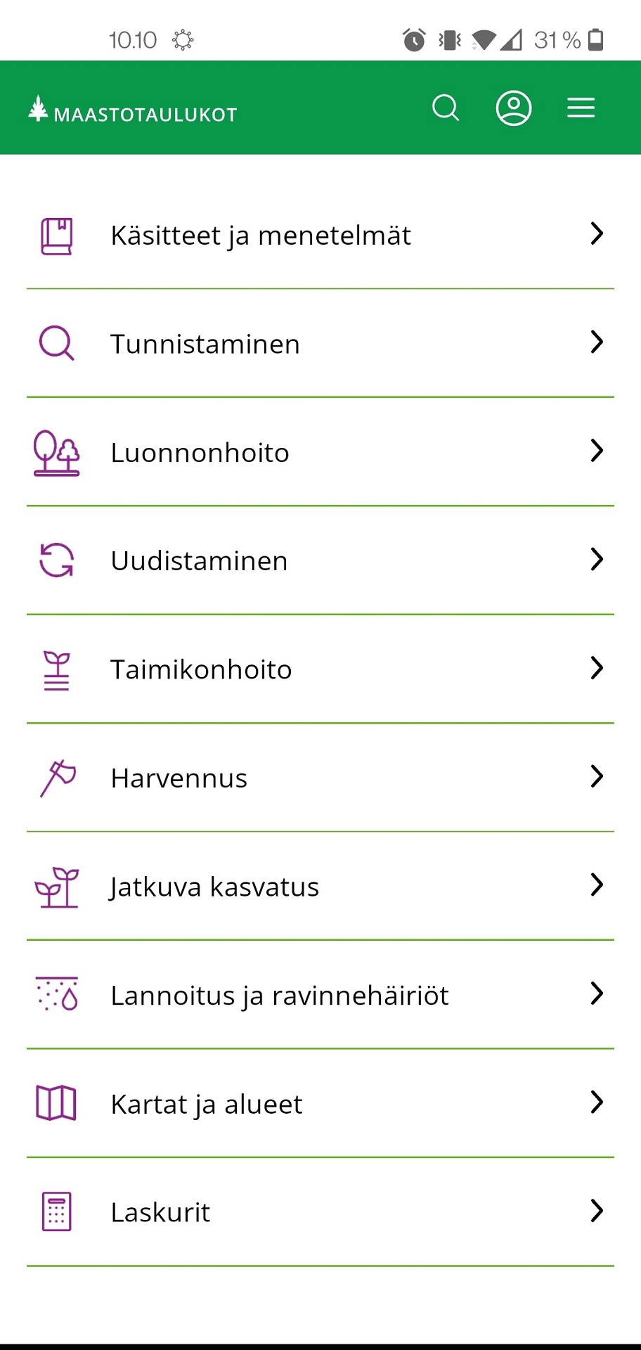 Maastotaulukot-sovelluksen päävalikon kuvakaappaus