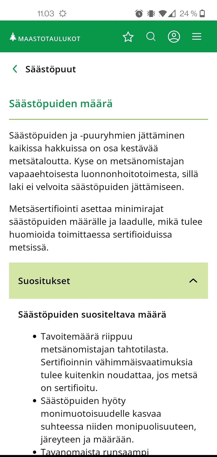 Säästöpuiden määrä -osion kuvakaappaus Maastotaulukot-sovelluksesta