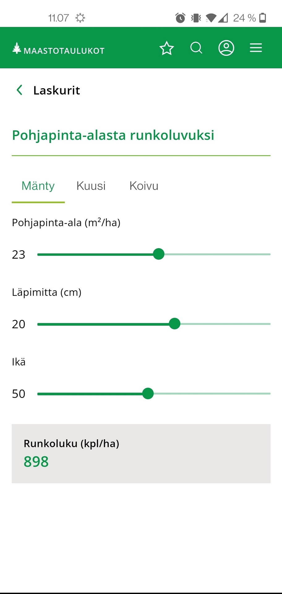 Pohjapinta-alasta runkoluvuksi laskurin kuvakaappaus Maastotaulukot-sovelluksesta