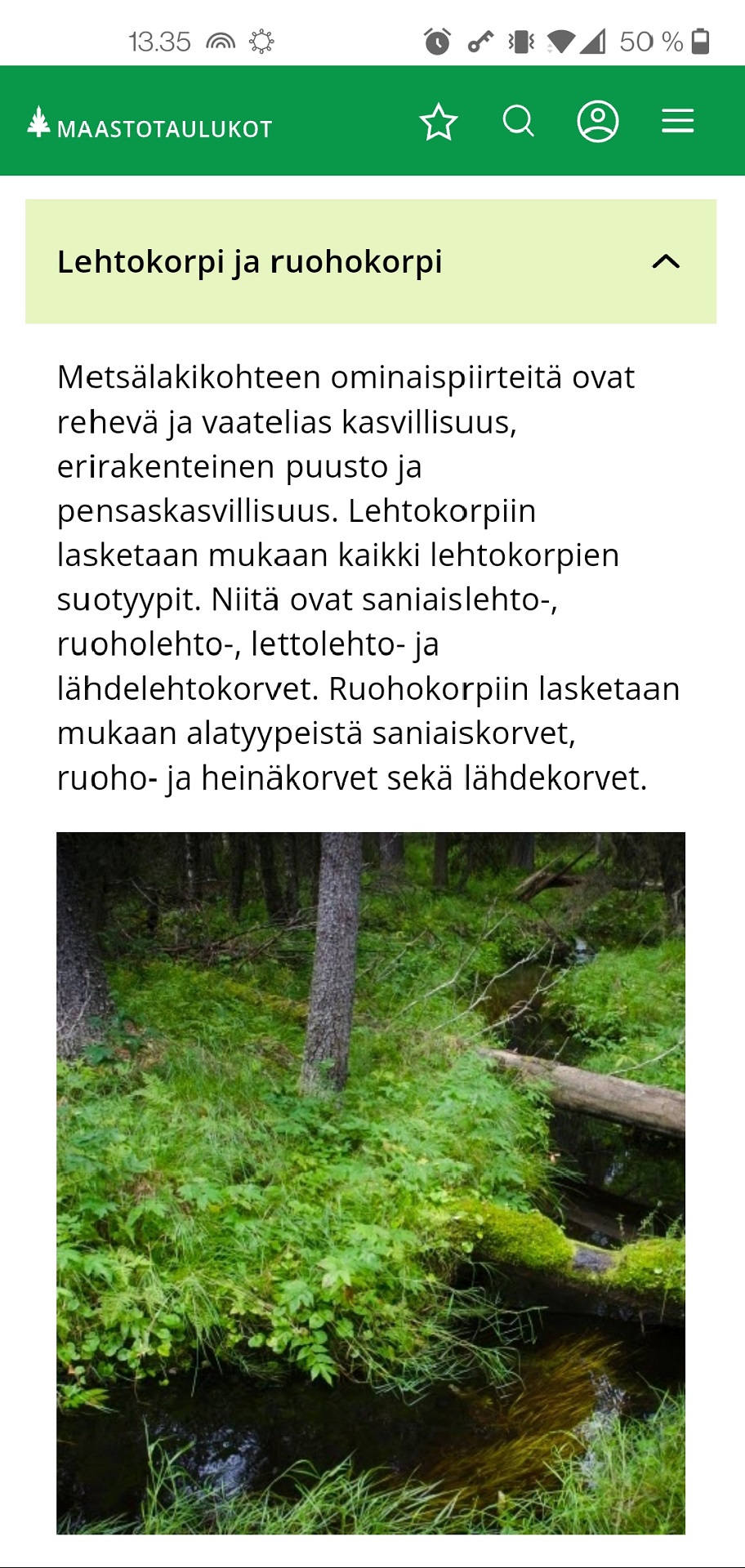 Lehtokorpi ja ruohokorpi -kuvakaappaus Maastotaulukot-sovelluksesta