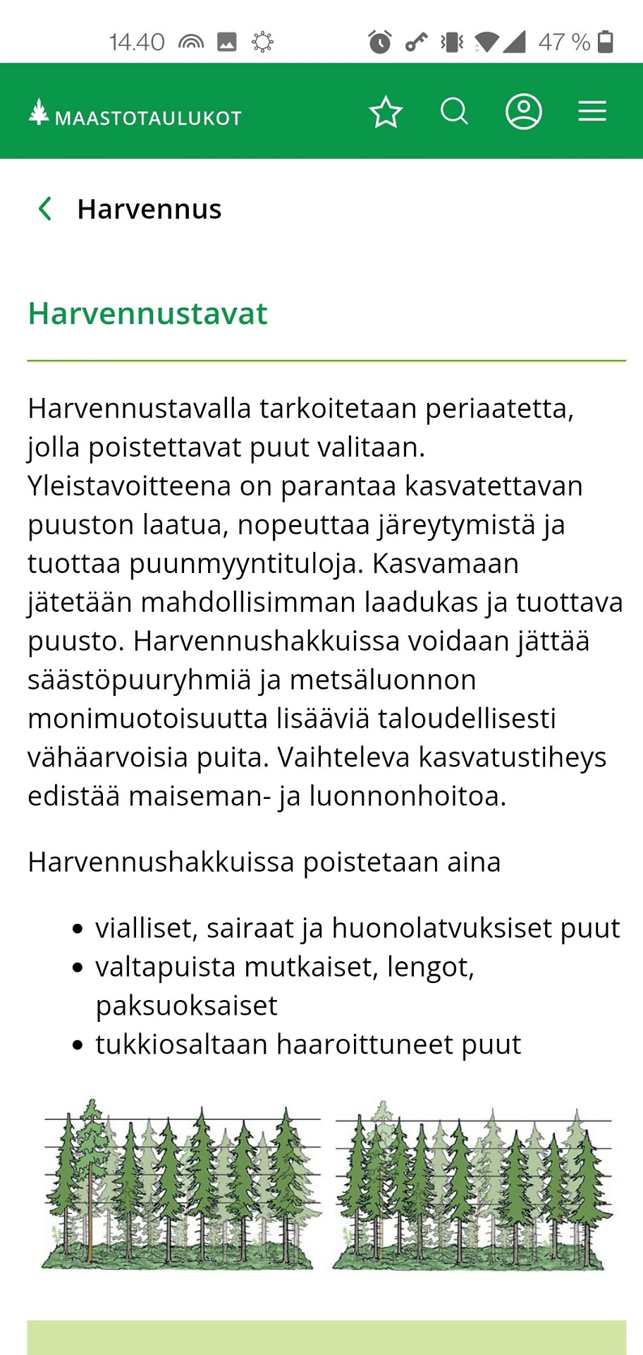 Harvennustavat-kuvakaappaus Maastotaulukot-sovelluksesta