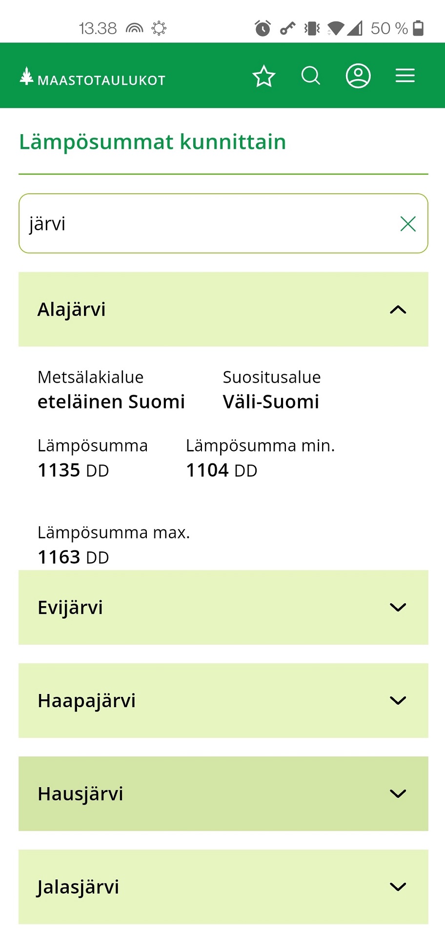 Lämpösummat kunnittain -kuvakaappaus Maastotaulukot-sovelluksesta