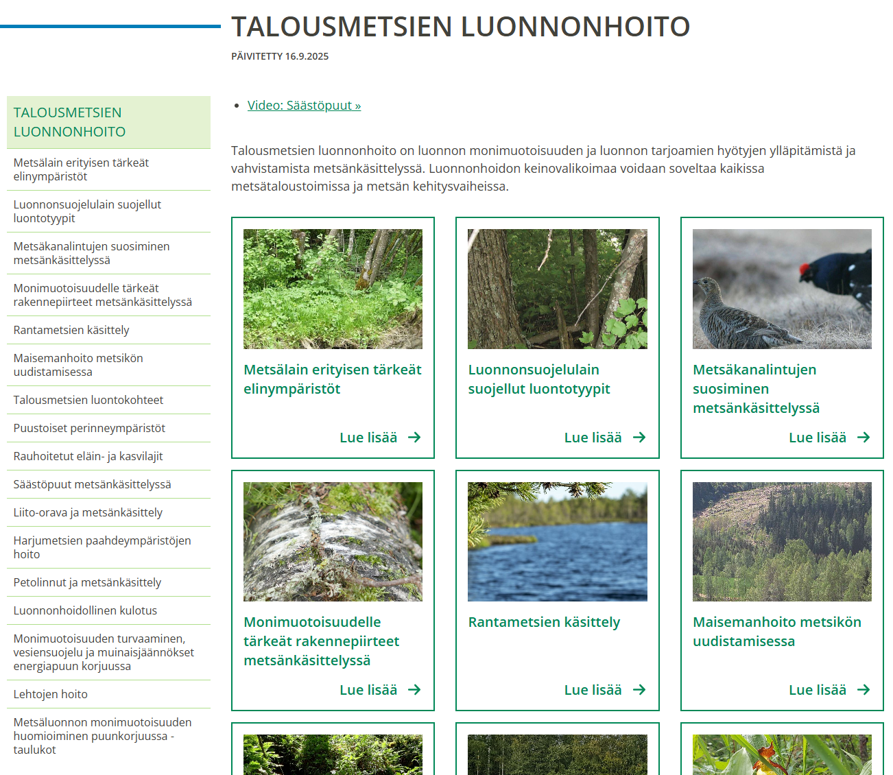 Kuvakaappaus talousmetsien luonnonhoito -näkymästä Metsänhoitokortistosta