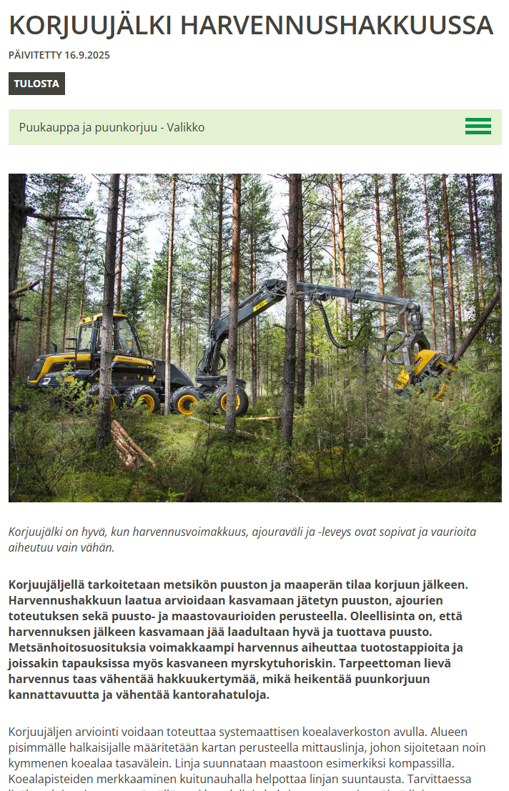 Kuvakaappaus Korjuujälki harvennushakkuussa -näkymästä Metsänhoitokortistosta